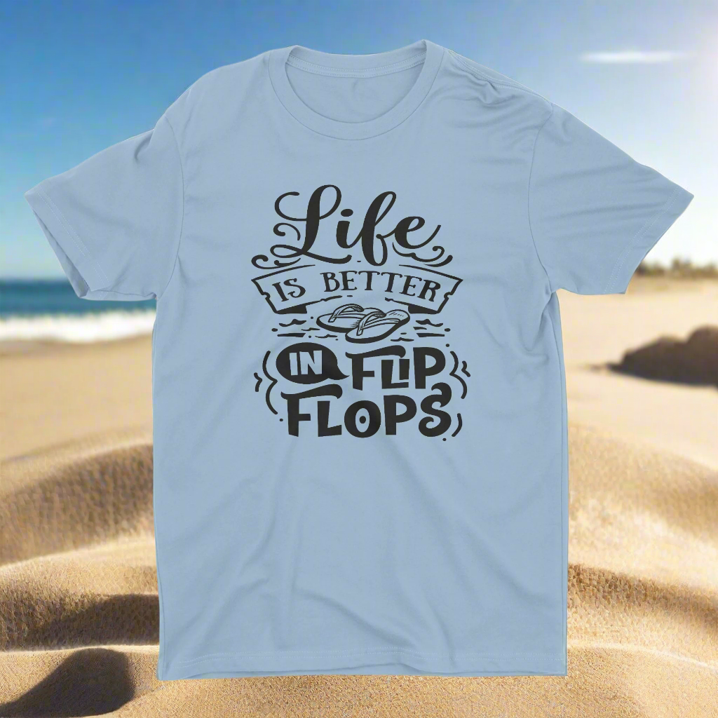 A blue t-shirt with text graphic 'Life is Better in Flip Flops' printed on the front.