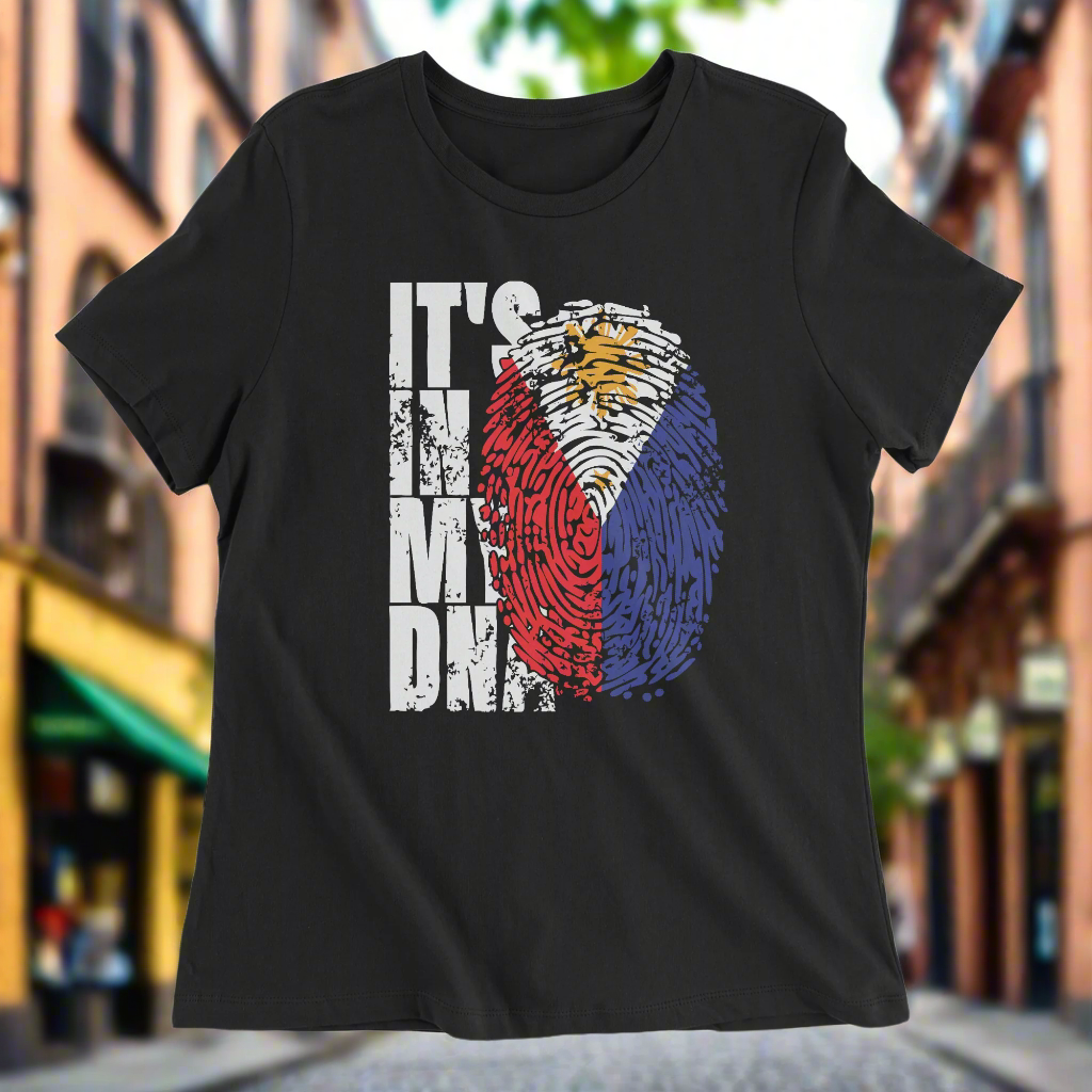 Black women's t-shirt with a graphic that includes a fingerprint and the text 'IT'S IN MY DNA' along with the colors and emblem of the Philippines national flag.