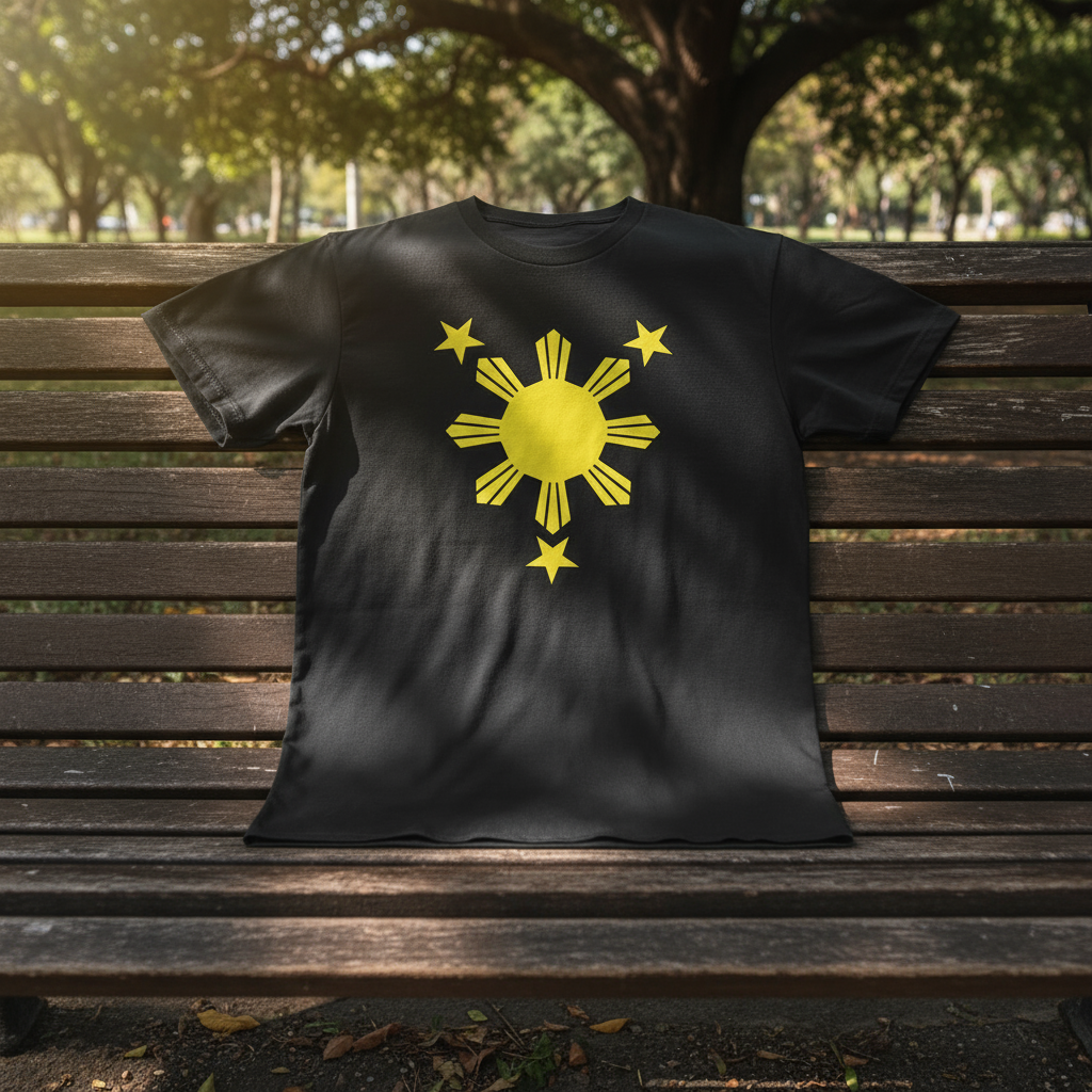 Black t-shirt with yellow sun and star design on a wooden background with green leaves.