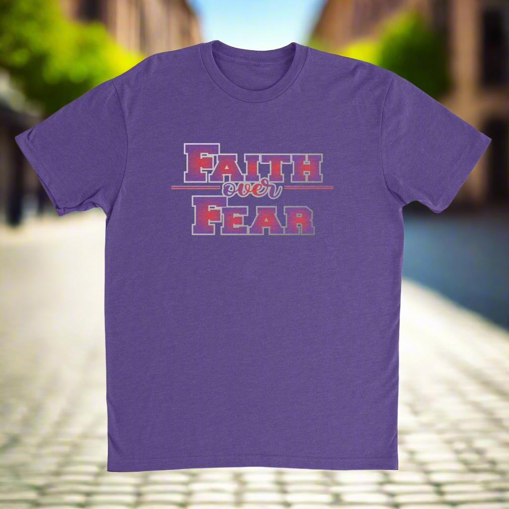 A heather purple colored crew neck t-shirt with the text 'Faith Over Fear' printed across the front.