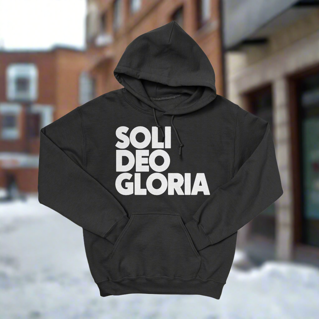 Black hoodie with 'SOLI DEO GLORIA' white text on the front.