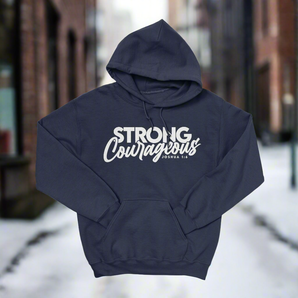 Navy blue hoodie with the text 'STRONG Courageous' printed on the front.