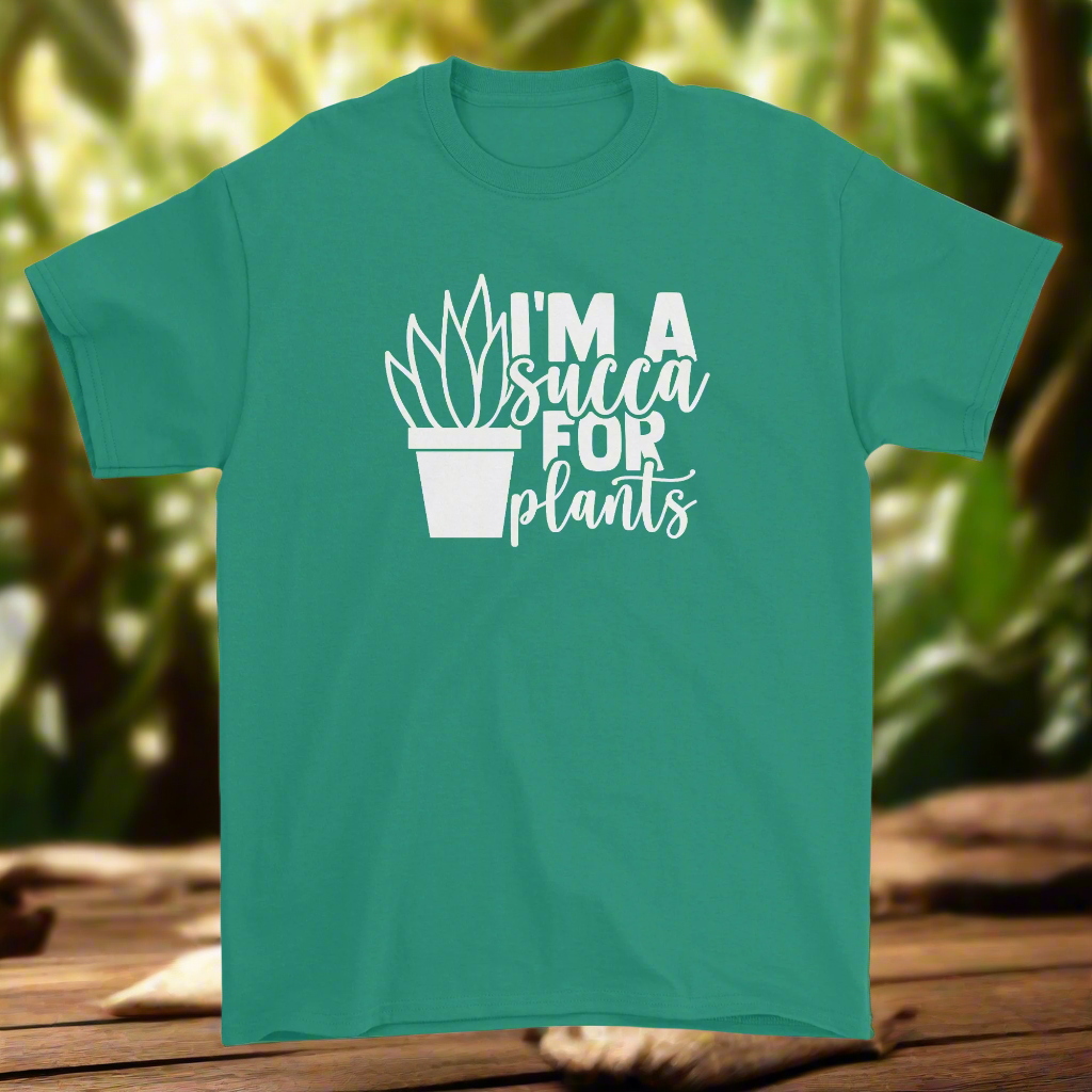 Green t-shirt with a text and graphic design related to plants, specifically a succulent plant, on the front.