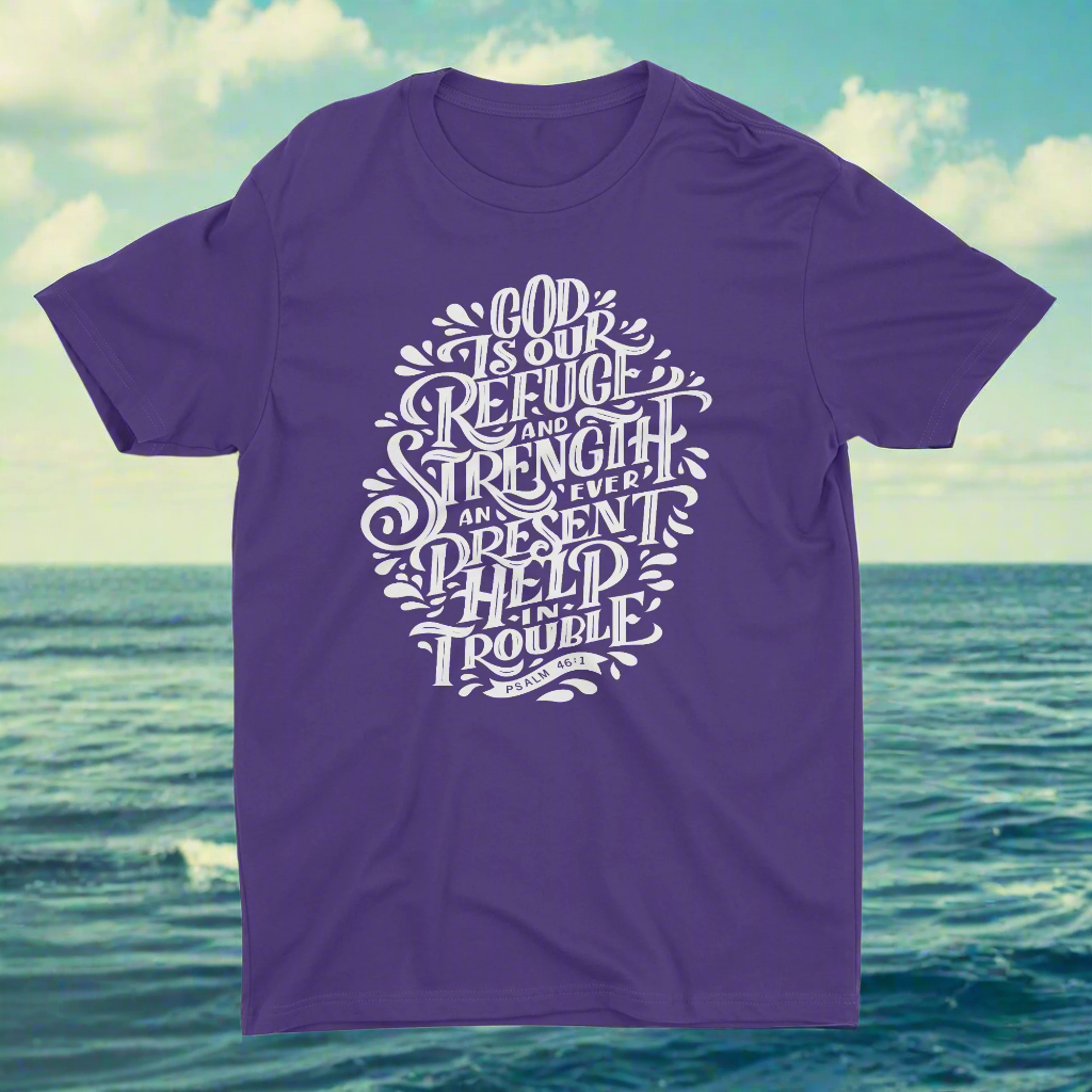 A purple crew neck t-shirt with a white graphic text design containing a biblical verse.
