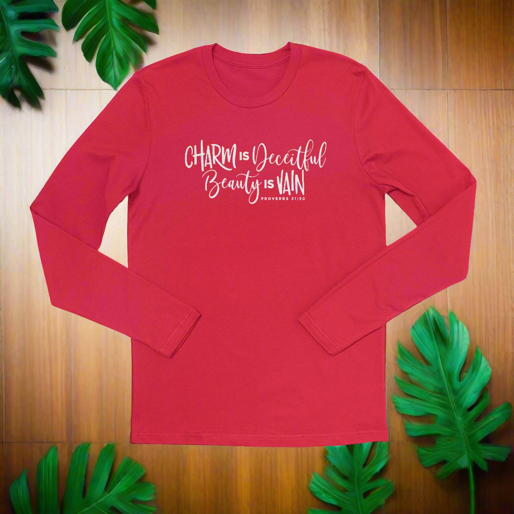 A red long sleeve shirt with text on it, part of 'The Prelude Collection'.