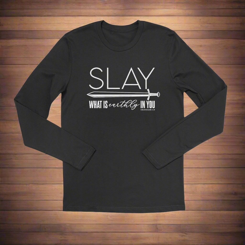 A black long sleeve t-shirt with the text 'SLAY' and a graphic of a sword in white on the front.