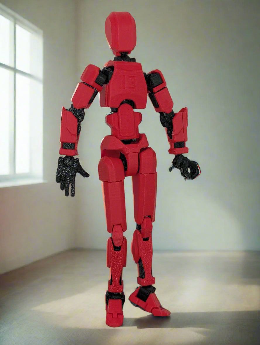 Red robot figure on a pink background