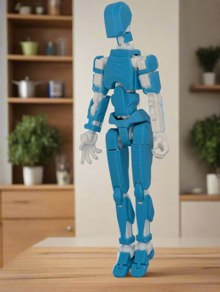 Blue and white robot figure on a light blue background