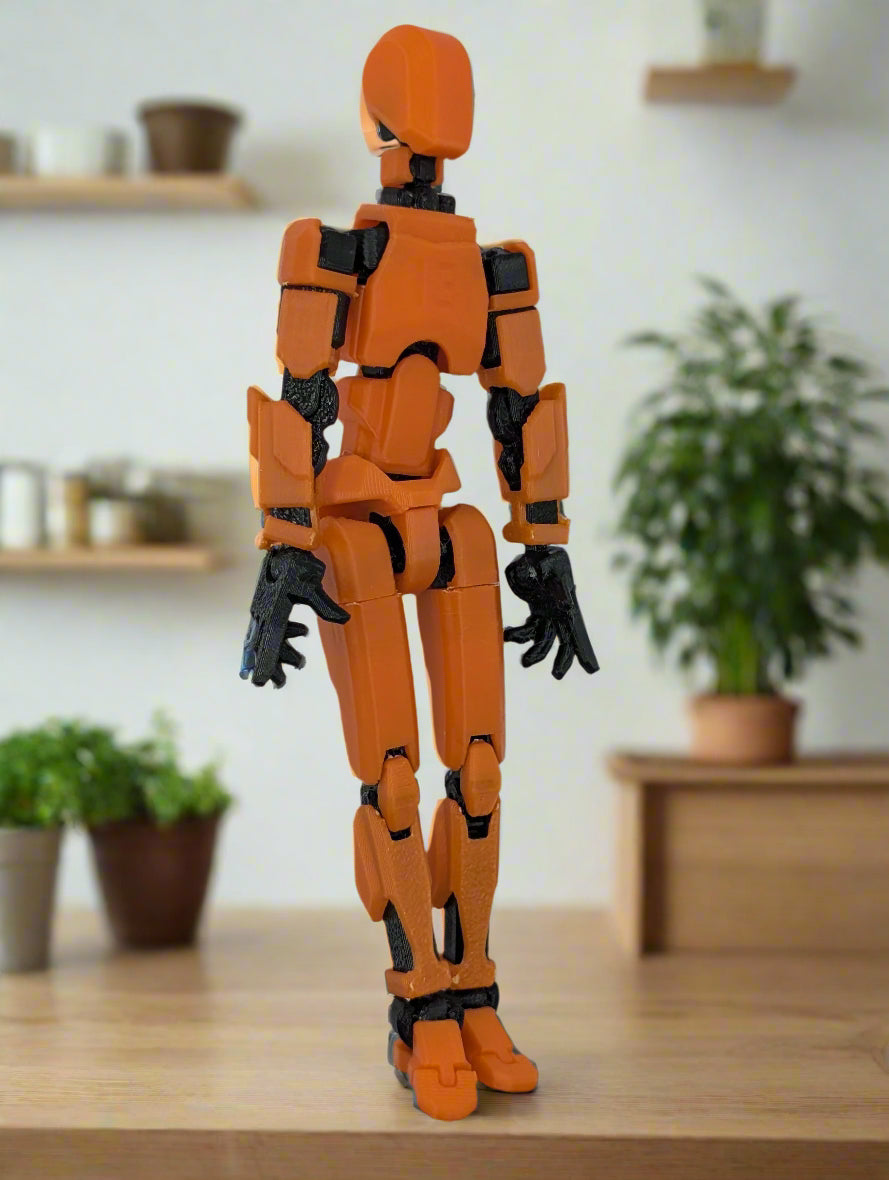 Orange robot figure on a yellow background