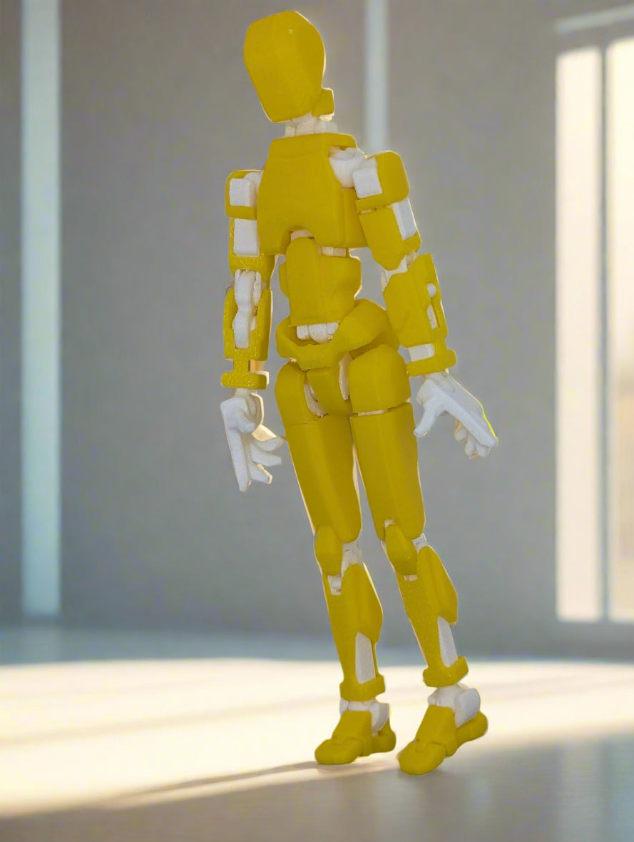 Yellow robot figure on a light green background
