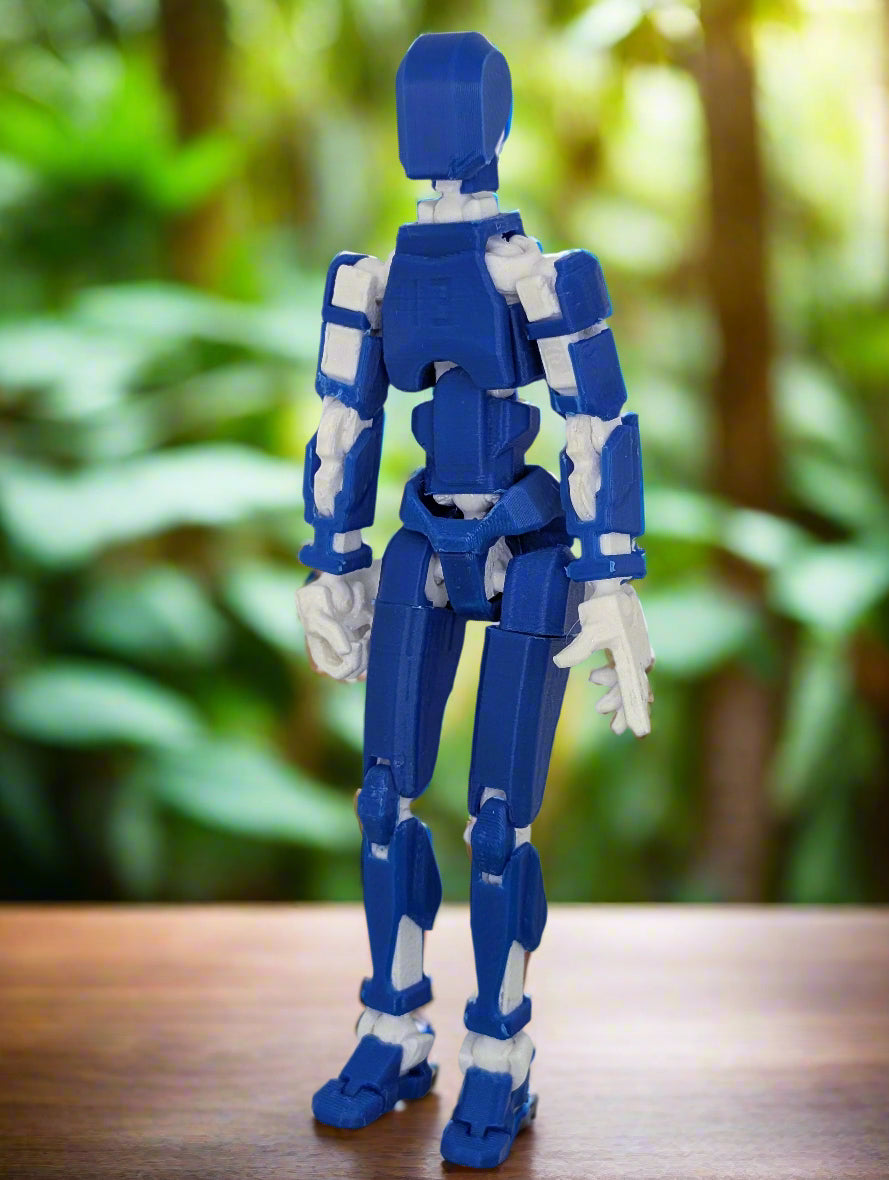 Blue robot figure on a light blue background