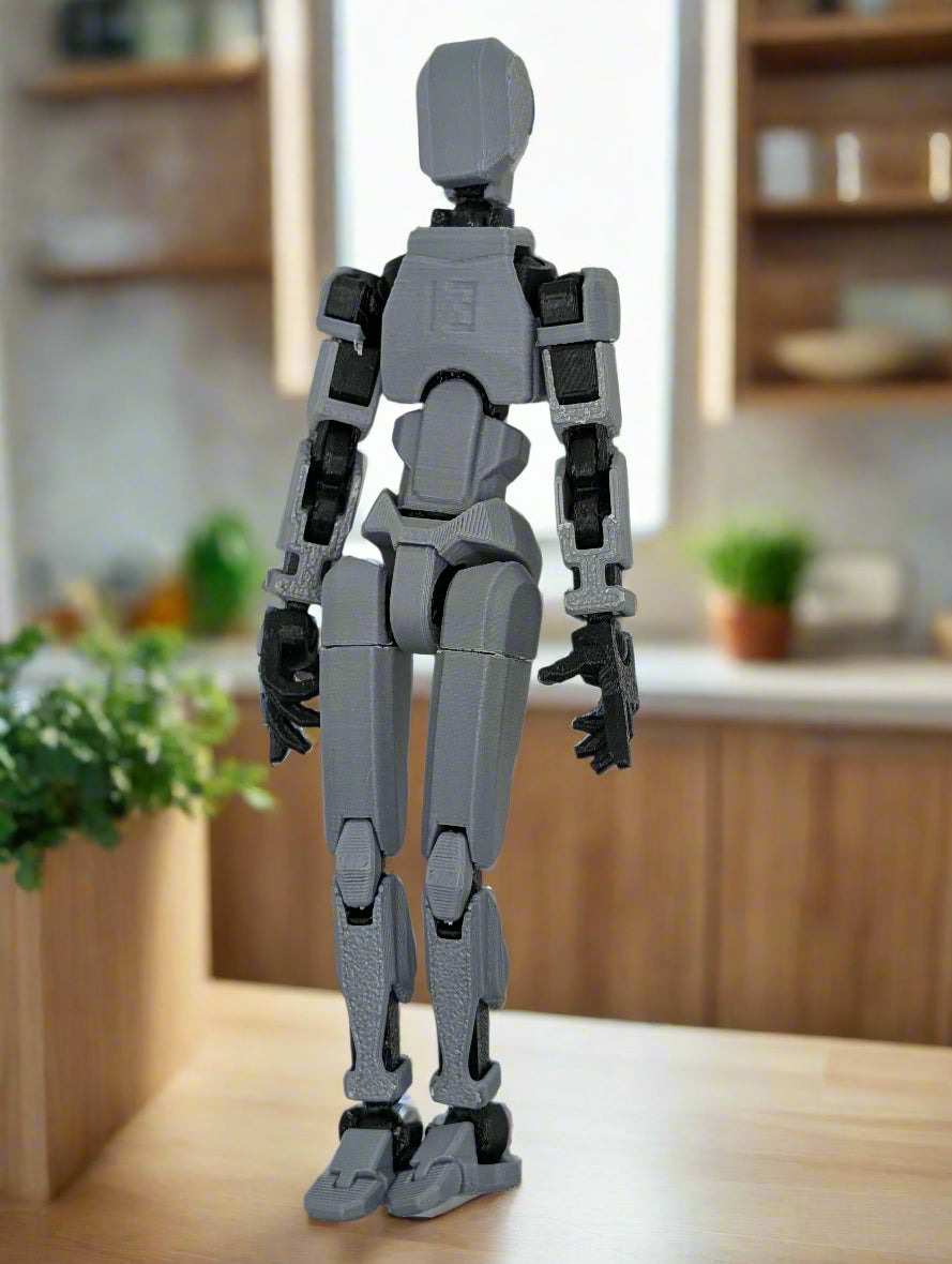 Gray robot figure on a light gray background