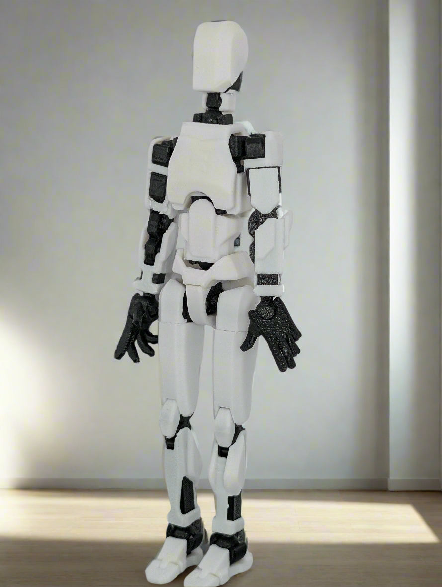 White and black robot figure on a gray background