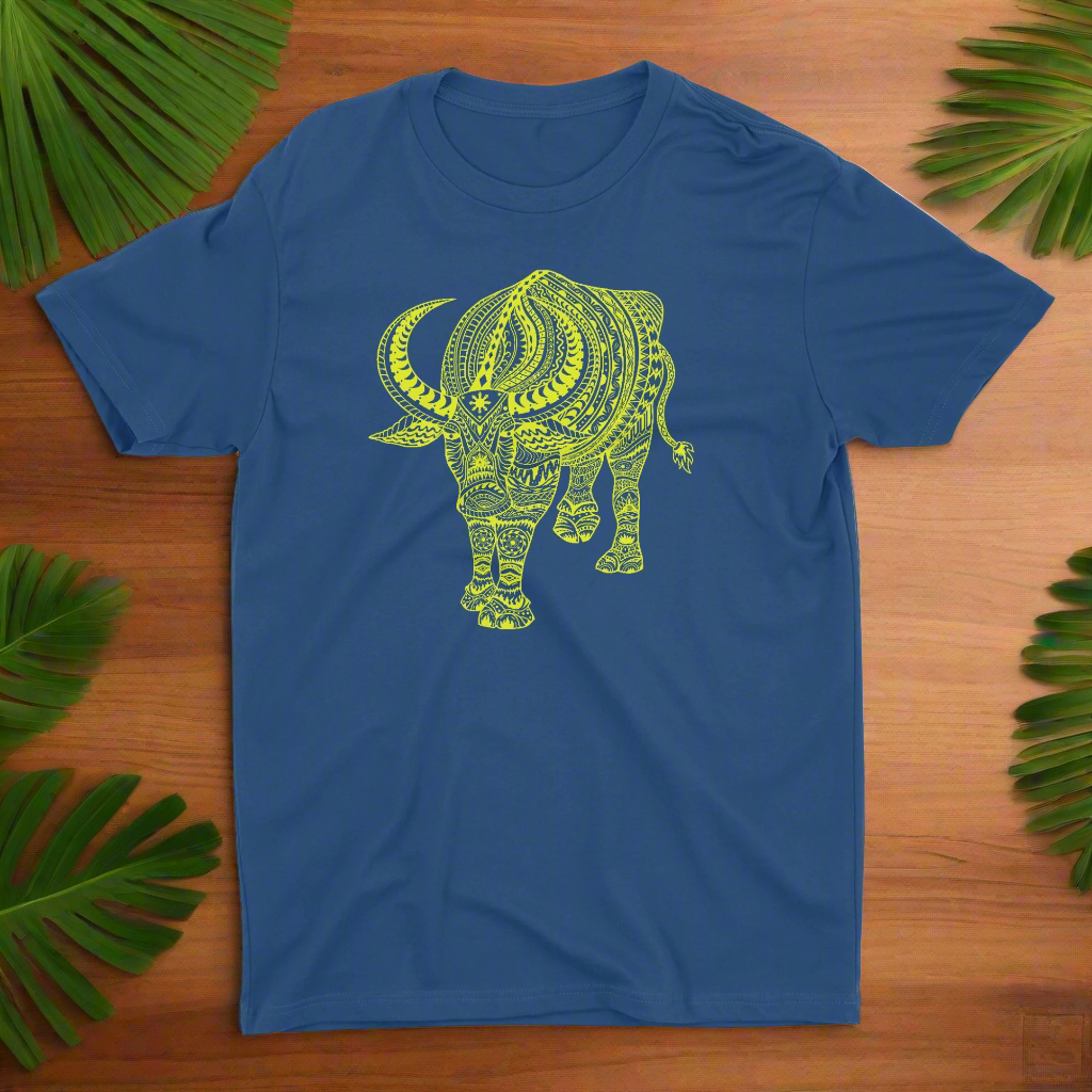 A yellow crew neck t-shirt with a black graphic print of a carabao designed in a detailed, artistic style.