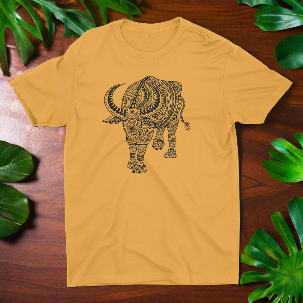 Yellow t-shirt with a bull design on a gray background