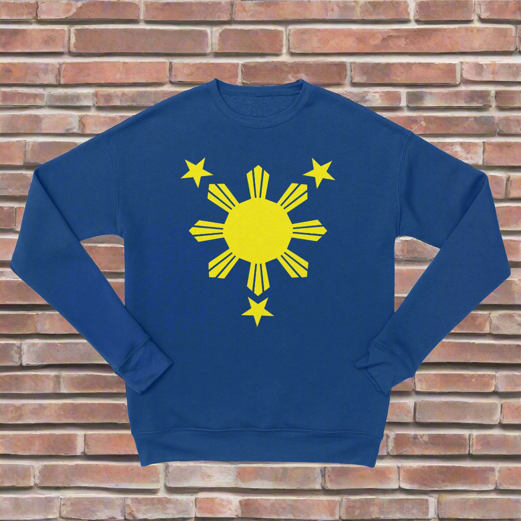 Royal blue sweater with a yellow sun and star print, representing the Philippines, and the text 'Pinoy'.