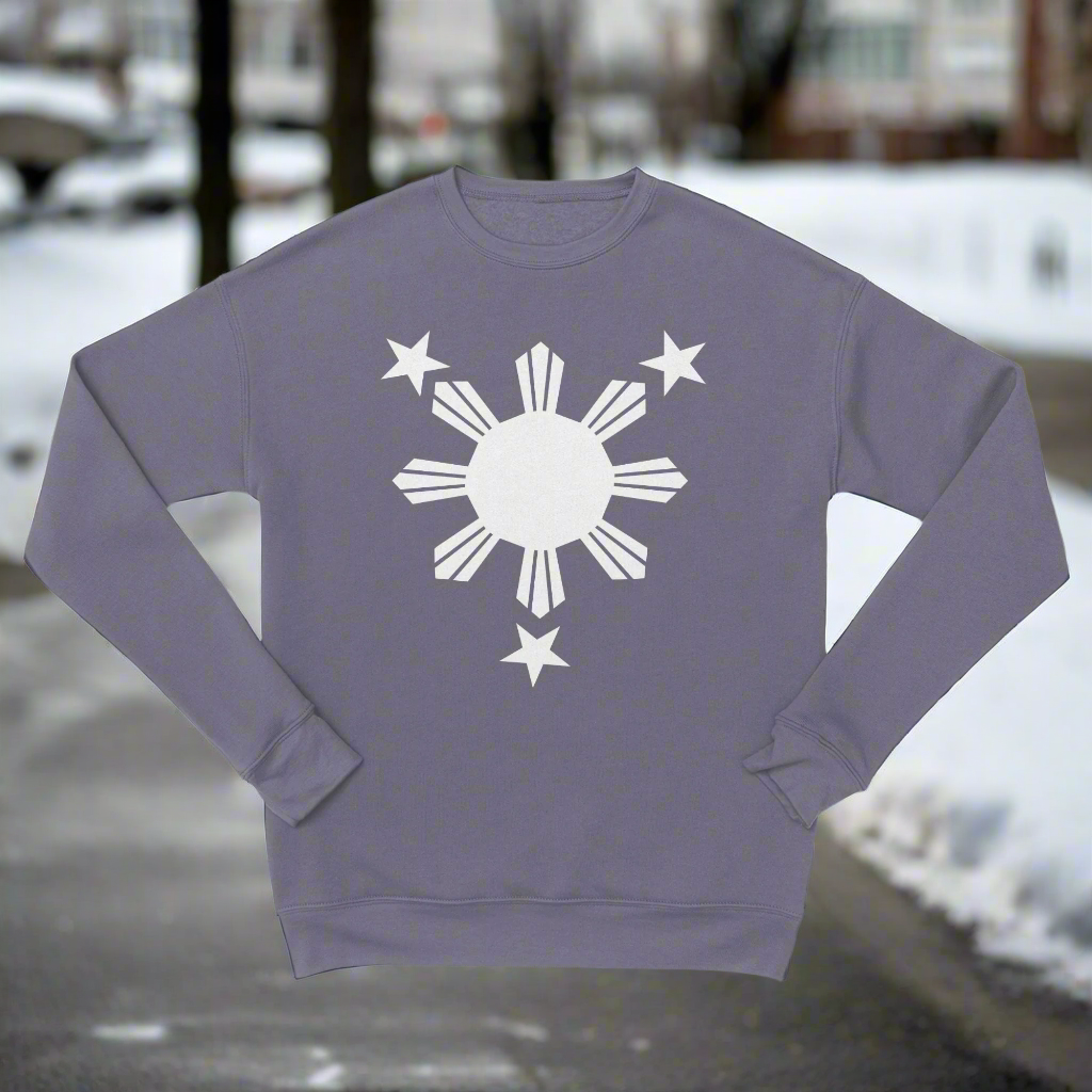 Grey sweater with white or black Philippine Sun Star print on the front.