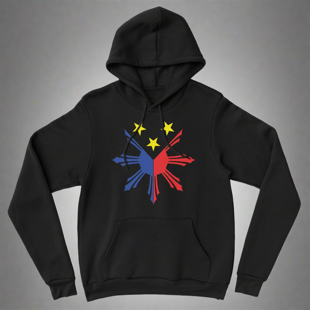 A black hoodie with a colorful geometric pattern design resembling a sun and stars on the front.