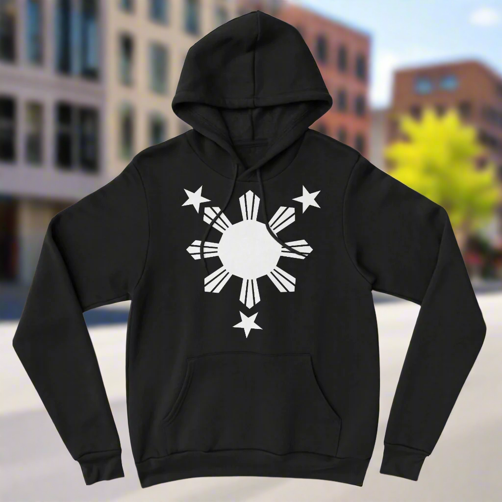 Black hoodie with a white star and sun design representing the Philippines, and the text 'Pinoy' next to a graphic of a star.