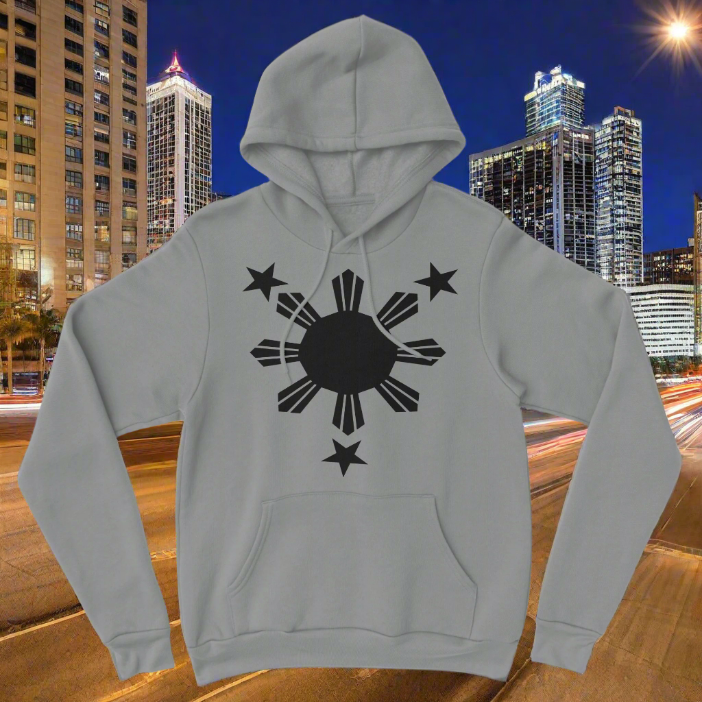 Grey hoodie with a black or white Philippines Sun Star print on the front.
