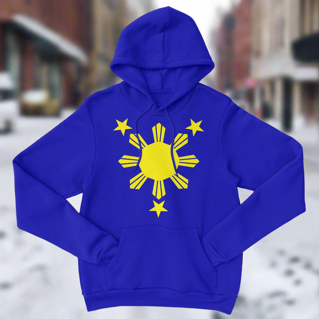 A blue hoodie with a yellow Philippines Sun Star print on the front.