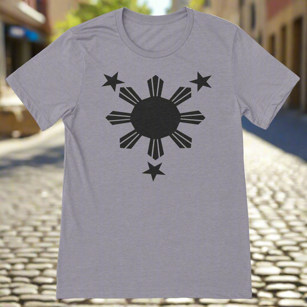 Gray t-shirt with black sun and star design on a white background