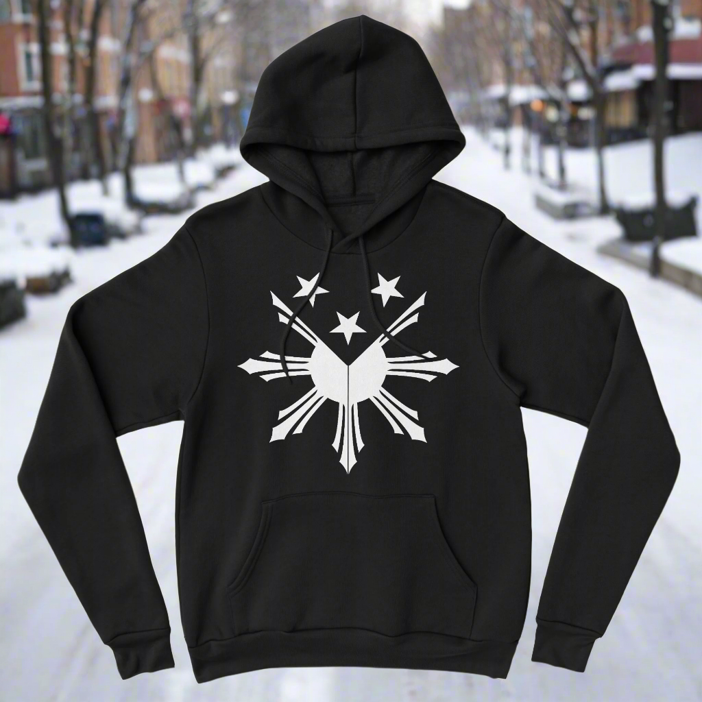 Black hoodie with a white sun and star graphic on the front.