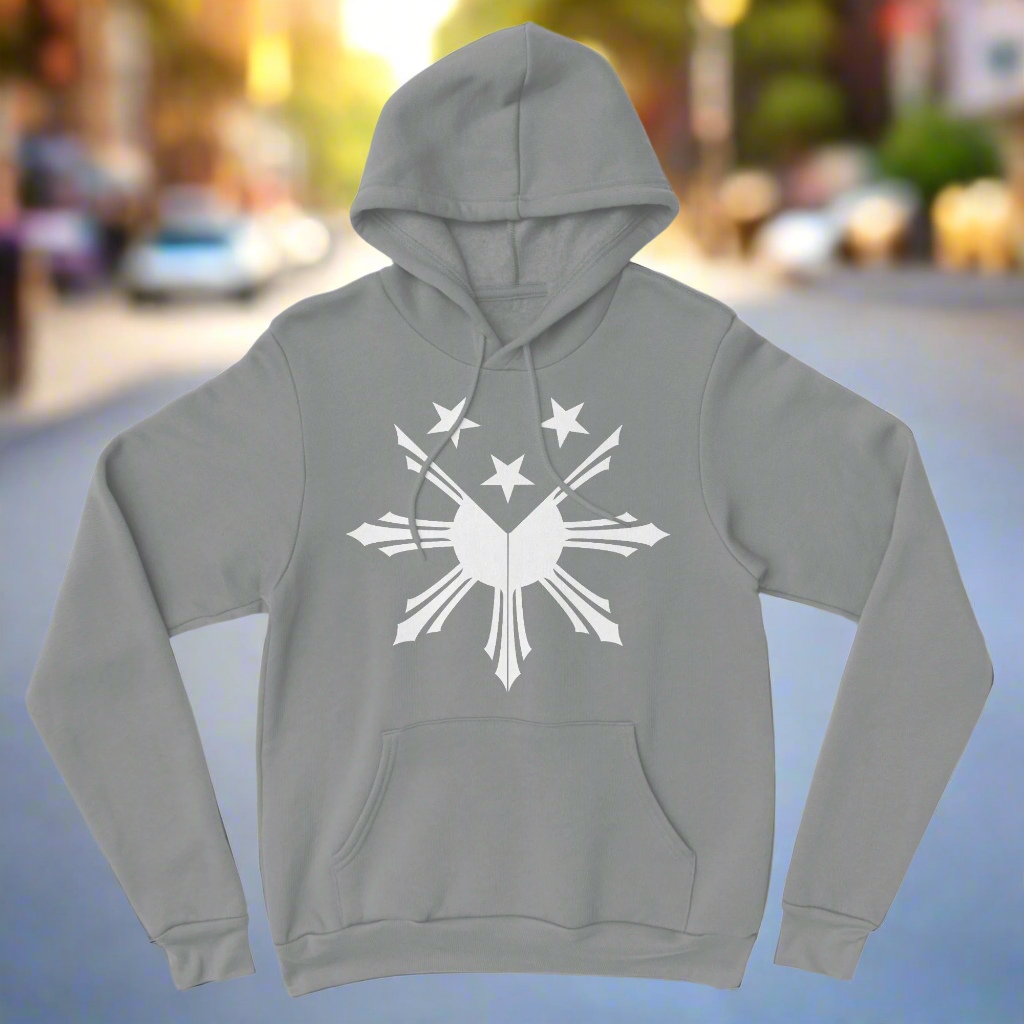 Grey hoodie with a black or white Philippines Sun Star print on the front.