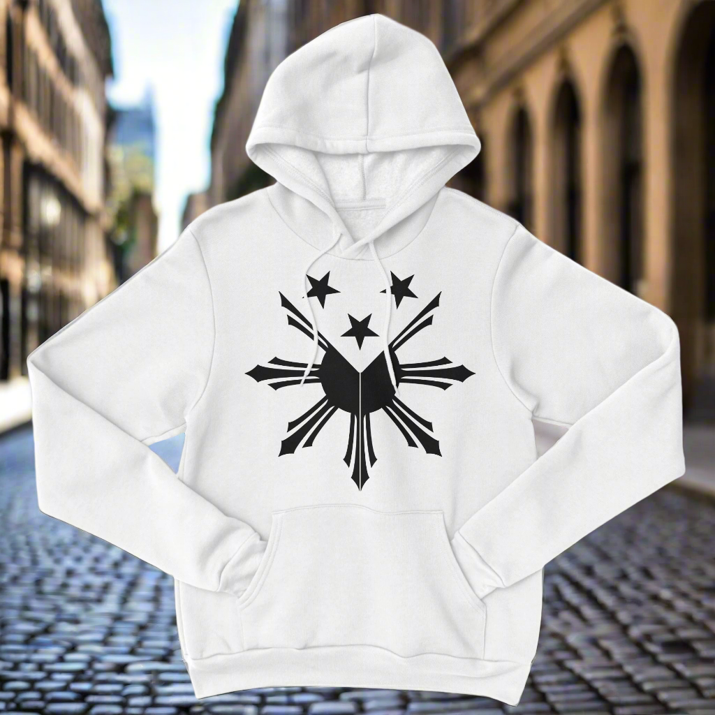 A white hoodie with a black Philippines Sun Star print on the front.