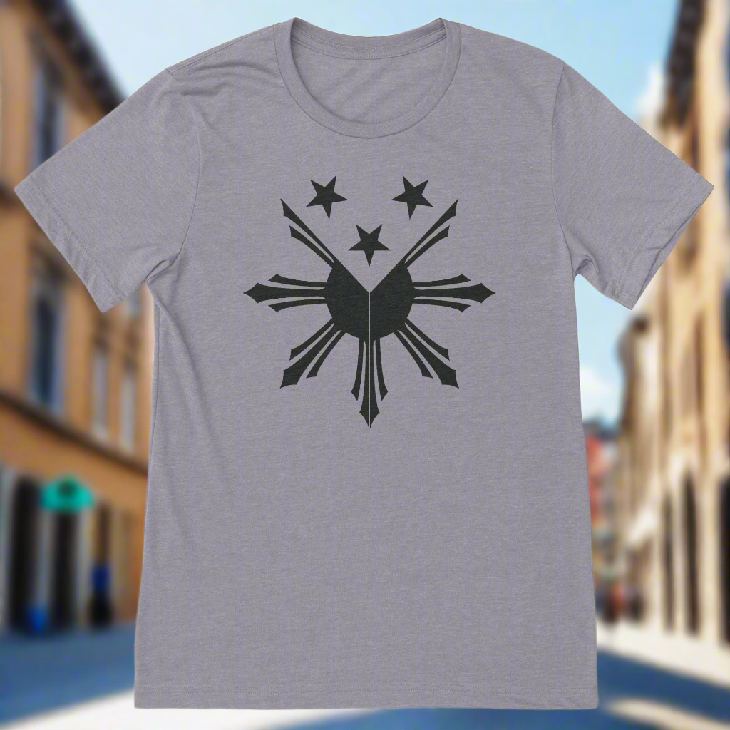 Heather grey t-shirt with a white or black Philippines Sun Star print on the front.