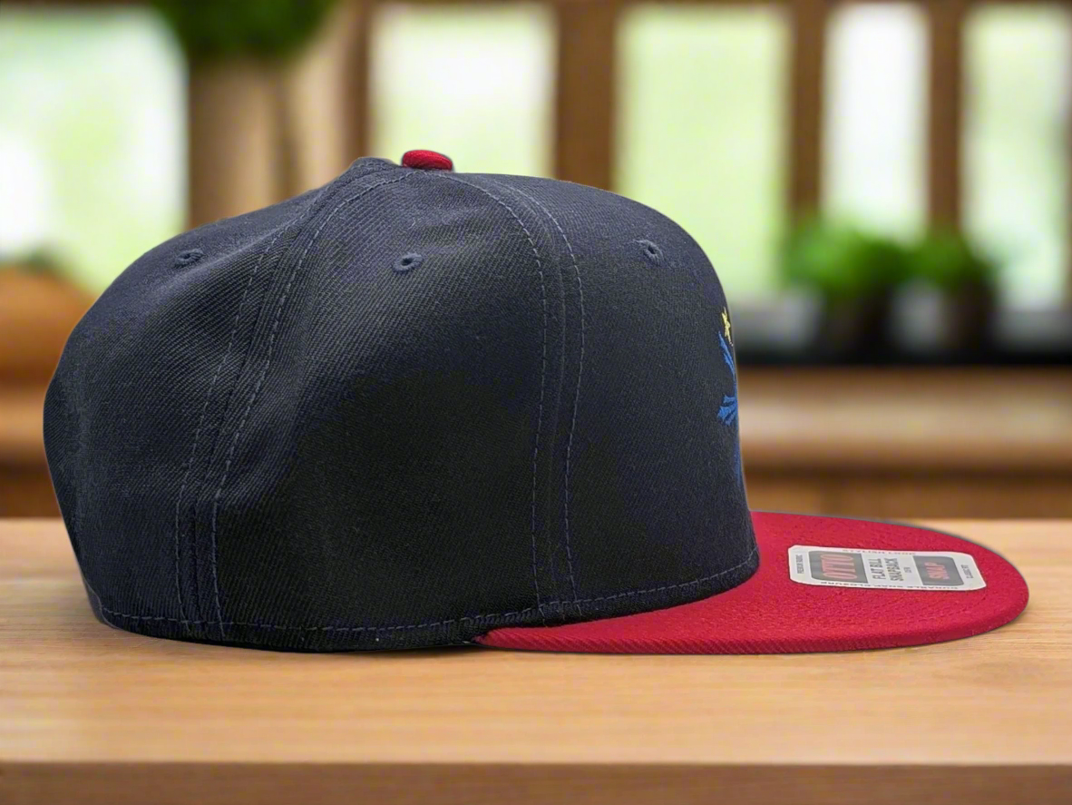 Black and red cap with a brand logo on a white background