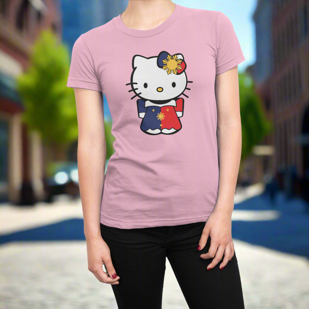 Pink t-shirt with Hello Kitty wearing a Filipino flag design on a white background