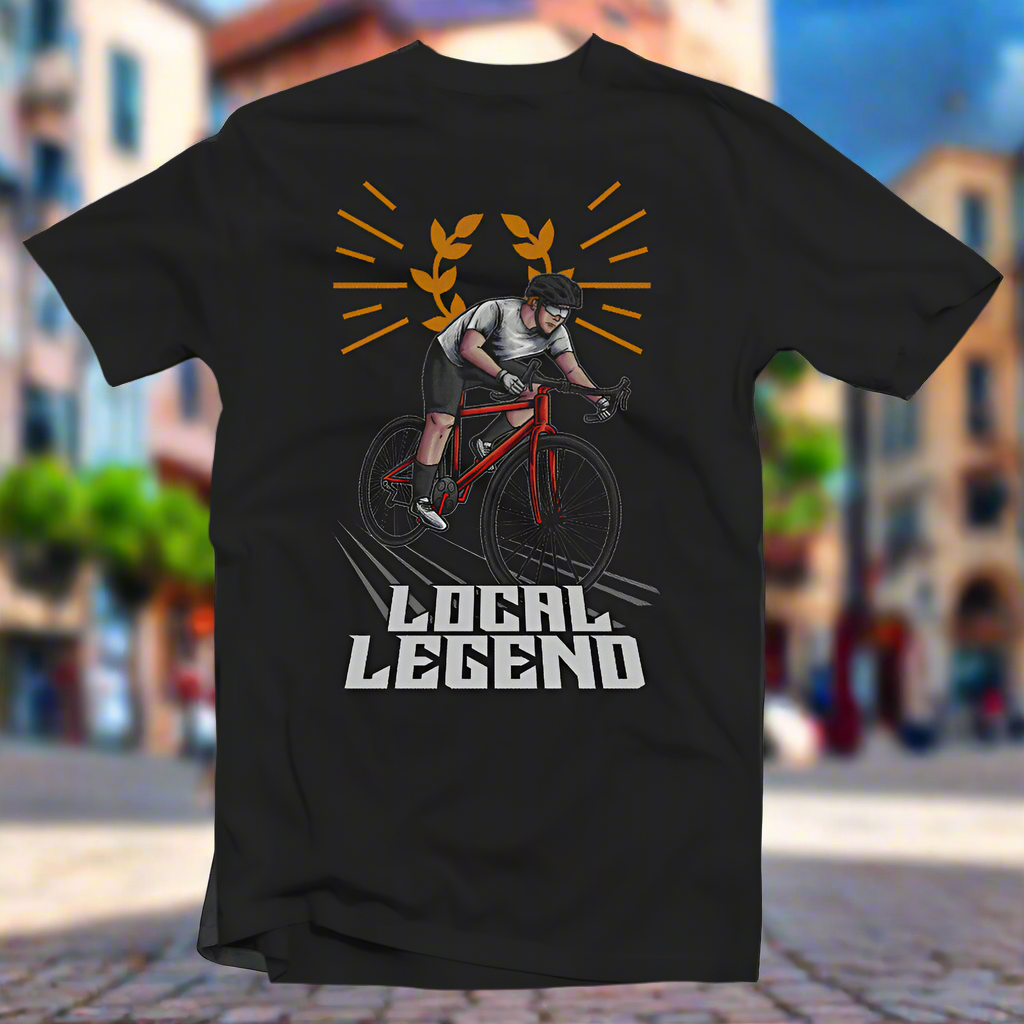 Black t-shirt with a graphic of a person on a red bicycle and the text 'LOCAL LEGEND' below it.