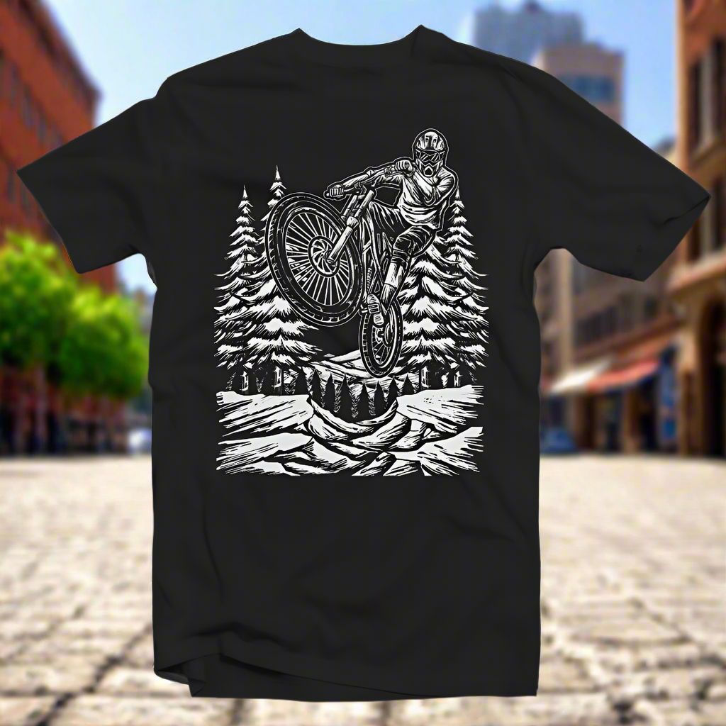 Black t-shirt with a graphic print of a person mountain biking in a forest setting.