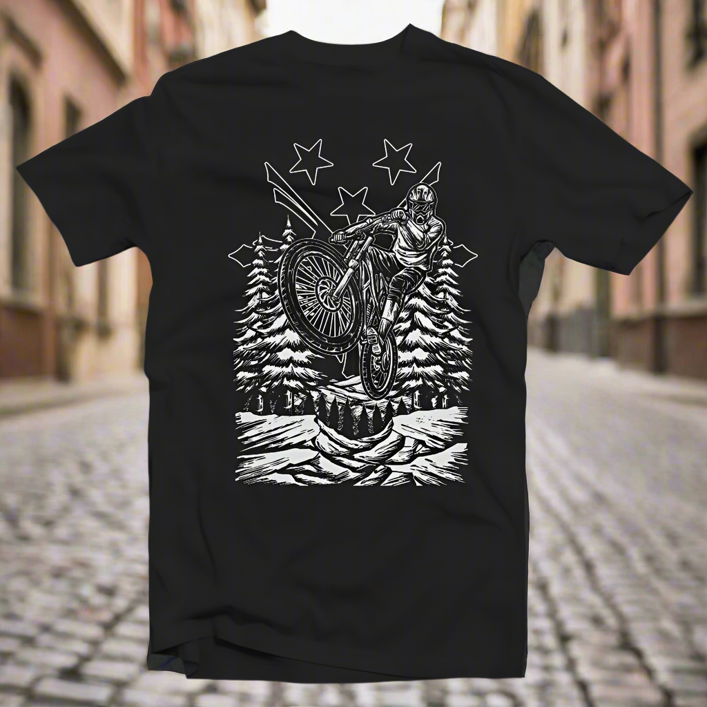 Black T-shirt with a white and gray half-toned design of a person mountain biking in a forest setting.