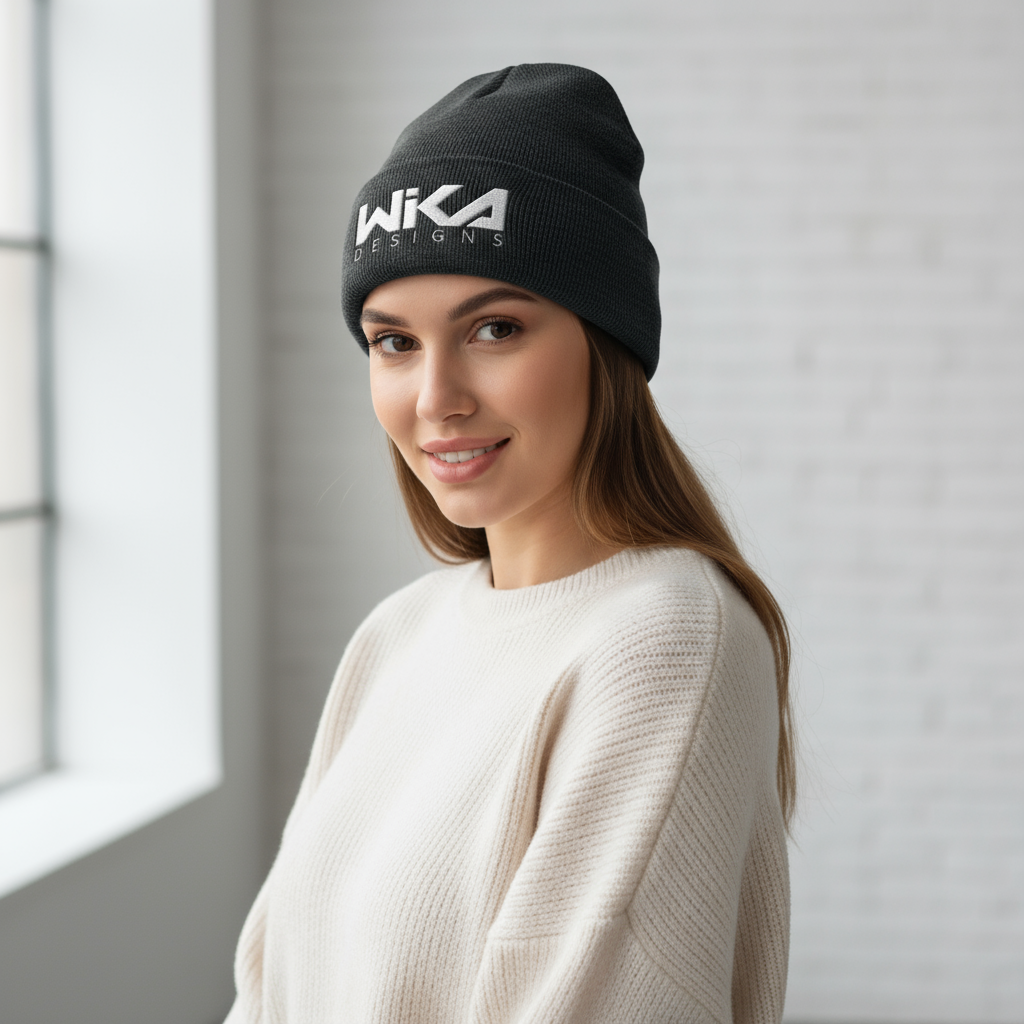 Black beanie with 'Wika Designs' logo on a white background