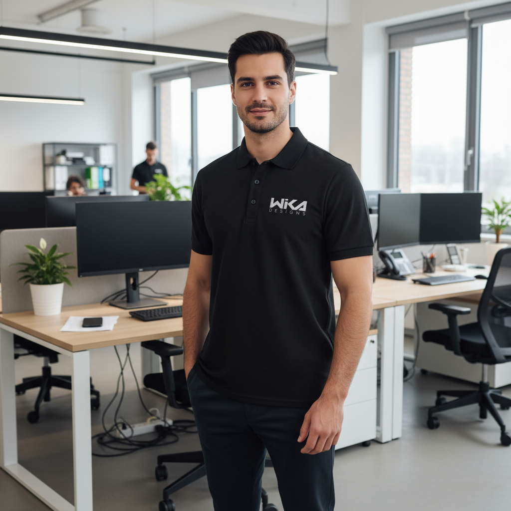 Black polo shirt with 'Wika' logo on a white background