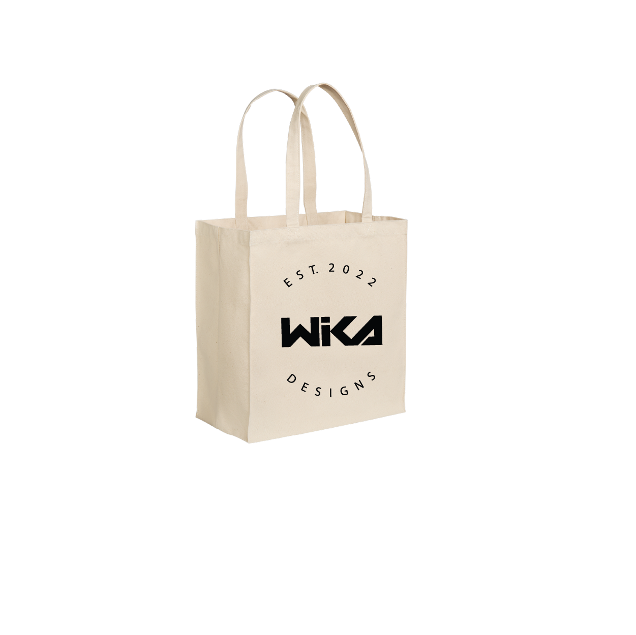 Beige tote bag with 'Wika Designs' logo and text on a white background