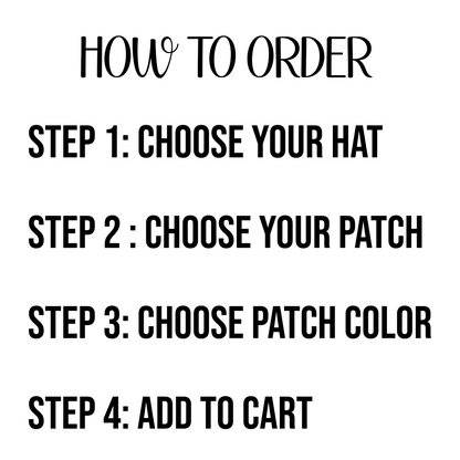 Text instructions on how to order a hat with patches on a white background