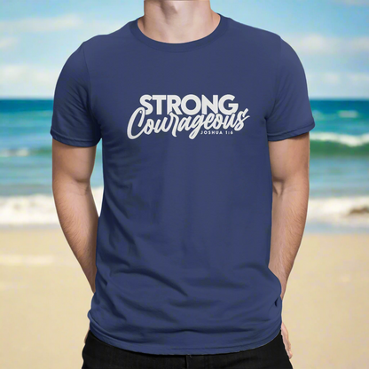 Black t-shirt with 'Strong Courageous' text on a white background