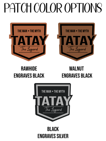 Three patch color options for 'TATAY' with engraving colors listed below.