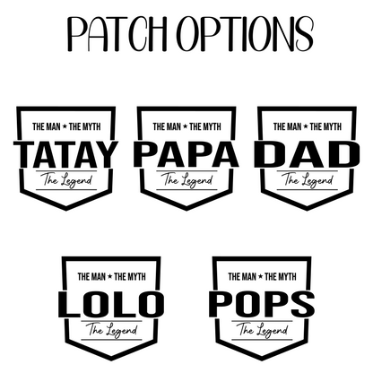 Set of black and white text patches with phrases like 'Tatay', 'Papa', 'Dad', 'Lolo', and 'Pops' on a white background.