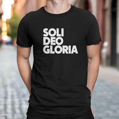 Black t-shirt with 'SOLI DEO GLORIA' text on a white background