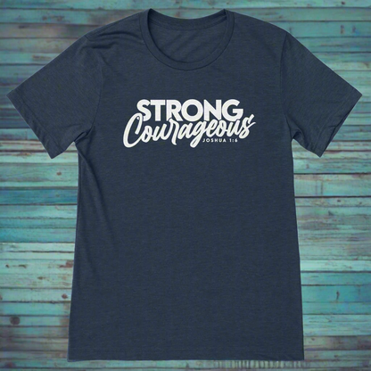 A navy blue t-shirt with the text 'STRONG COURAGEOUS JOSHUA 1:6' printed on the front.